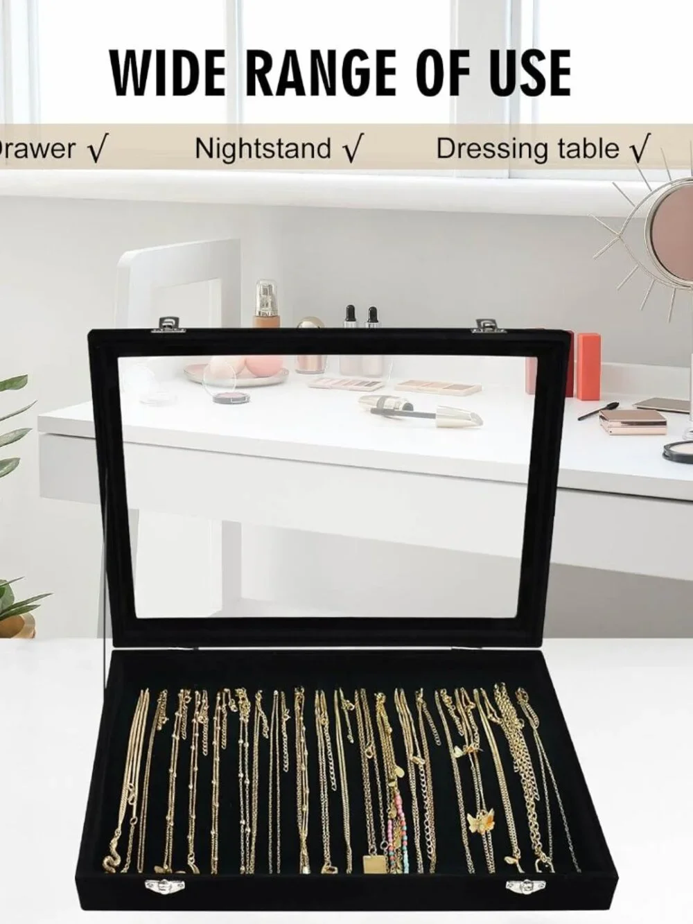 Elegant Black Velvet Necklace Organizer with 20 Hooks and Glass Cover